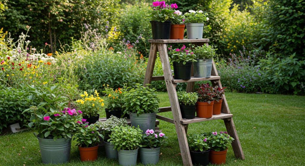 Avec un vieil escabeau et quelques pots, créez une étagère à fleurs spectaculaire et gratuite