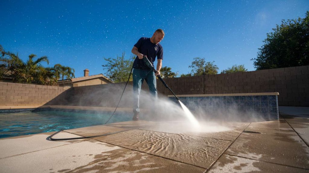 L&rsquo;erreur à ne pas faire en utilisant un nettoyeur haute pression sur les dalles qui entourent votre piscine avant l&rsquo;hivernage