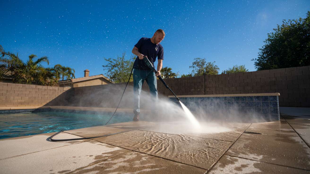 L’erreur à ne pas faire en utilisant un nettoyeur haute pression sur les dalles qui entourent votre piscine avant l’hivernage