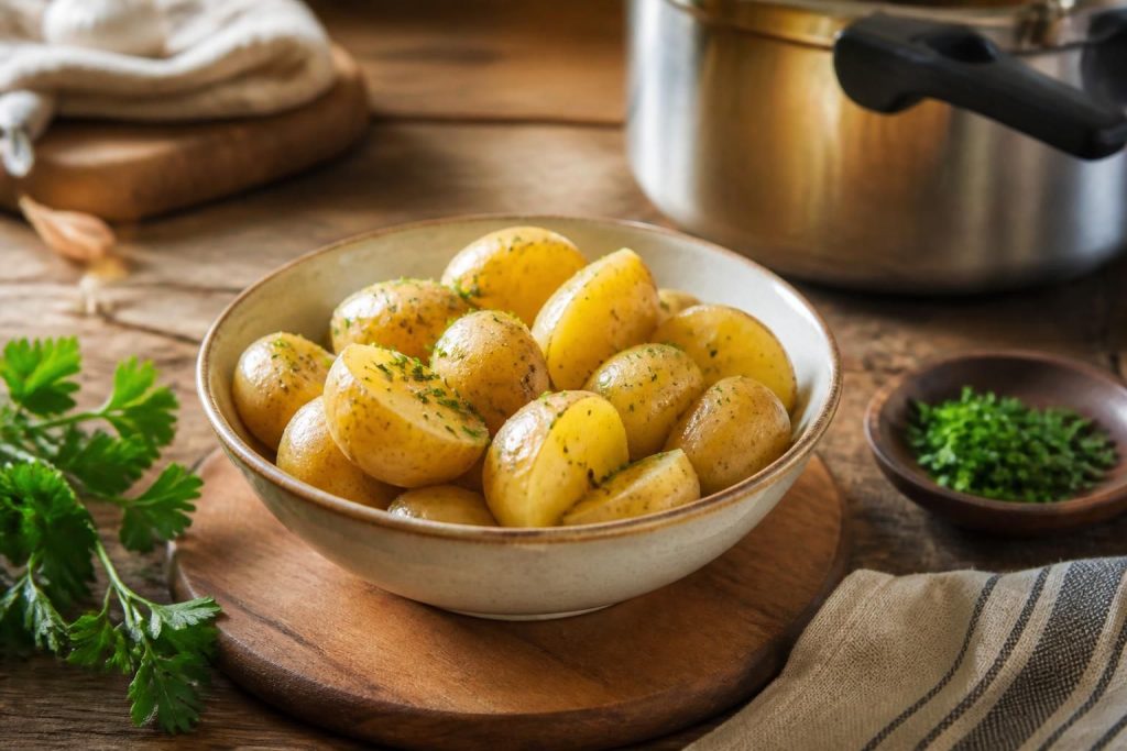 Pommes de terre cuites à la cocotte-minute, vapeur au panier, texture fondante, variétés Charlotte et Bintje