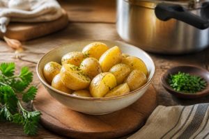 Pommes de terre cuites à la cocotte-minute, vapeur au panier, texture fondante, variétés Charlotte et Bintje