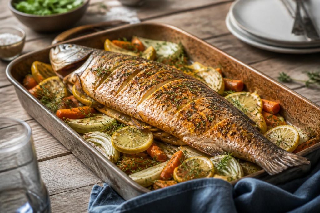 Saumon entier rôti au four sur un grand plat, garni de tranches de citron, d'aneth frais et d'huile d'olive, chair nacrée et dorée