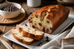 Gâteau au yaourt aux pépites de chocolat coupé en tranches, mie moelleuse et pépites fondues visibles, sur une planche en bois