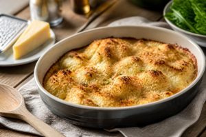 Gratin de chou-fleur sans béchamel doré au four, servi dans un plat à gratin en céramique avec une croûte gratinée parmesan et gruyère