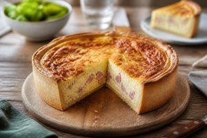 Quiche épaisse façon boulangerie, haute et dorée, coupée en part généreuse sur une planche en bois, appareil crémeux aux lardons fumés et gruyère râpé