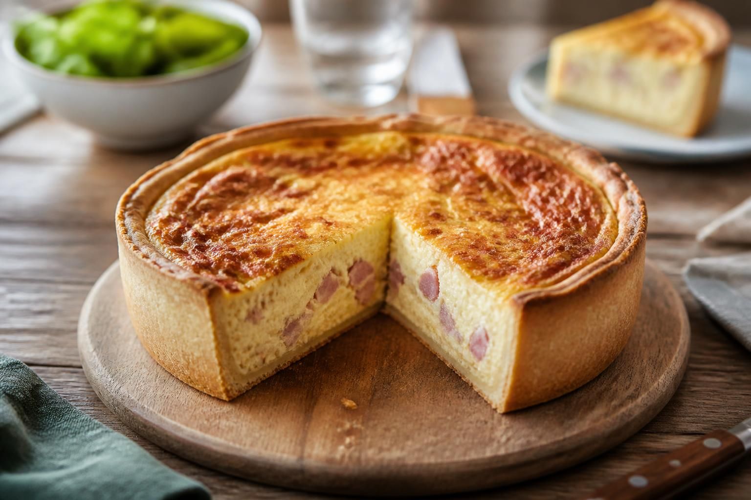 Quiche épaisse façon boulangerie, haute et dorée, coupée en part généreuse sur une planche en bois, appareil crémeux aux lardons fumés et gruyère râpé