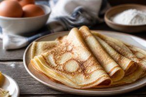 Assiette de crêpes dorées et moelleuses pour 4 personnes, garnies de sucre et de citron, sur une table en bois clair