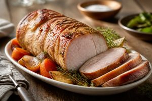 Rôti de porc au four moelleux servi dans un plat à rôtir, nappé de jus de cuisson doré, entouré d'échalotes et de brins de thym frais