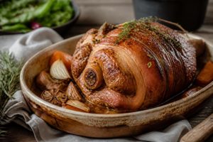 Rouelle de porc au four dorée et fondante, entourée de pommes de terre et d'oignons caramélisés dans un plat en céramique