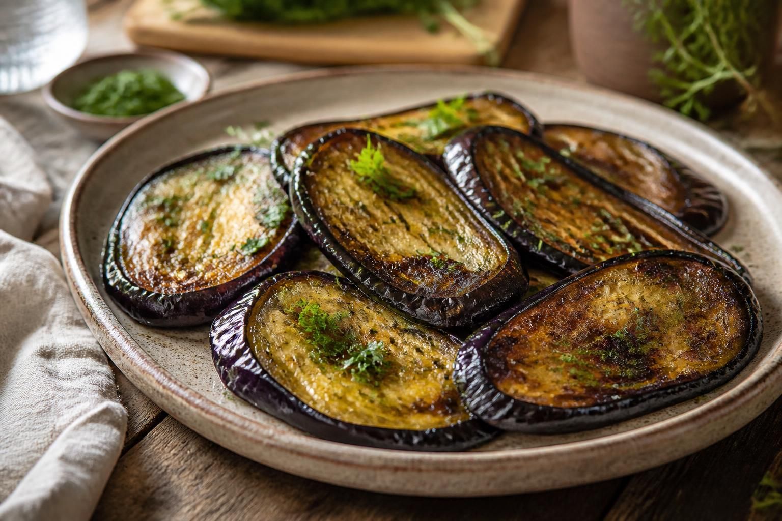 Aubergines à la poêle dorées à l'huile d'olive et à l'ail, servies avec du basilic frais sur une assiette en céramique blanche