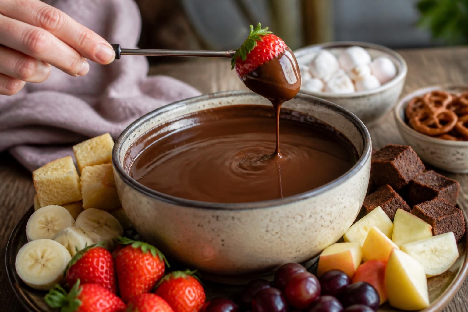 Bol en verre de chocolat noir fondu au micro-ondes, texture lisse et brillante, spatule posée à côté sur un plan de travail en bois