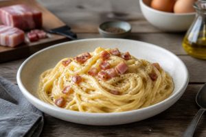 Assiette de spaghetti carbonara authentiques nappés d'une sauce crémeuse aux jaunes d'œufs et au pecorino, garnis de guanciale doré et de poivre noir fraîchement moulu