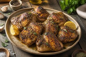 Cuisses de poulet marinées dorées sur une planche en bois, entourées d'ail, citron, herbes de Provence et épices colorées