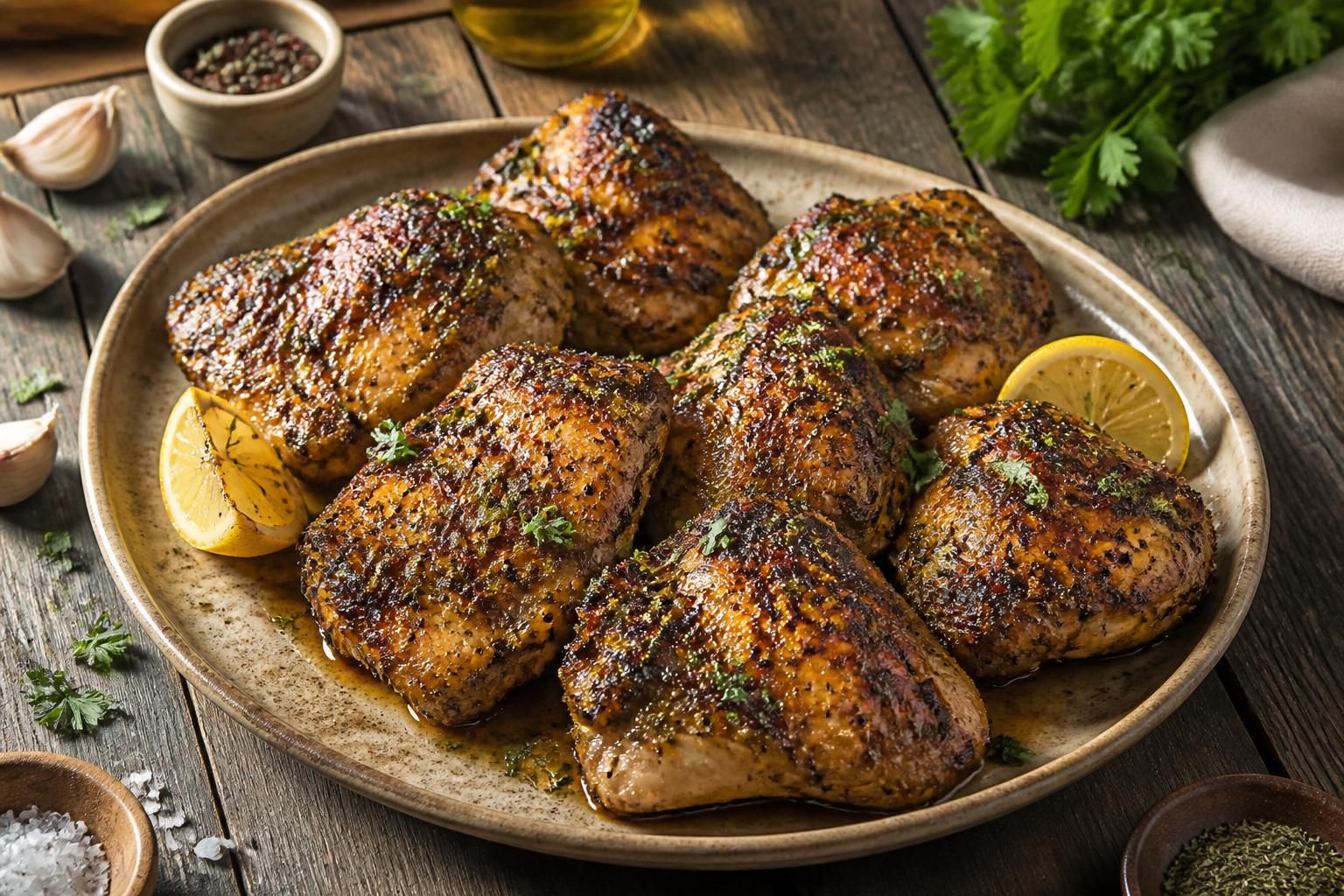 Cuisses de poulet marinรฉes dorรฉes sur une planche en bois, entourรฉes d'ail, citron, herbes de Provence et รฉpices colorรฉes