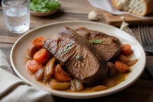 Paleron de bœuf fondant en cocotte-minute, servi avec carottes et sauce brune mijotée dans un plat en fonte