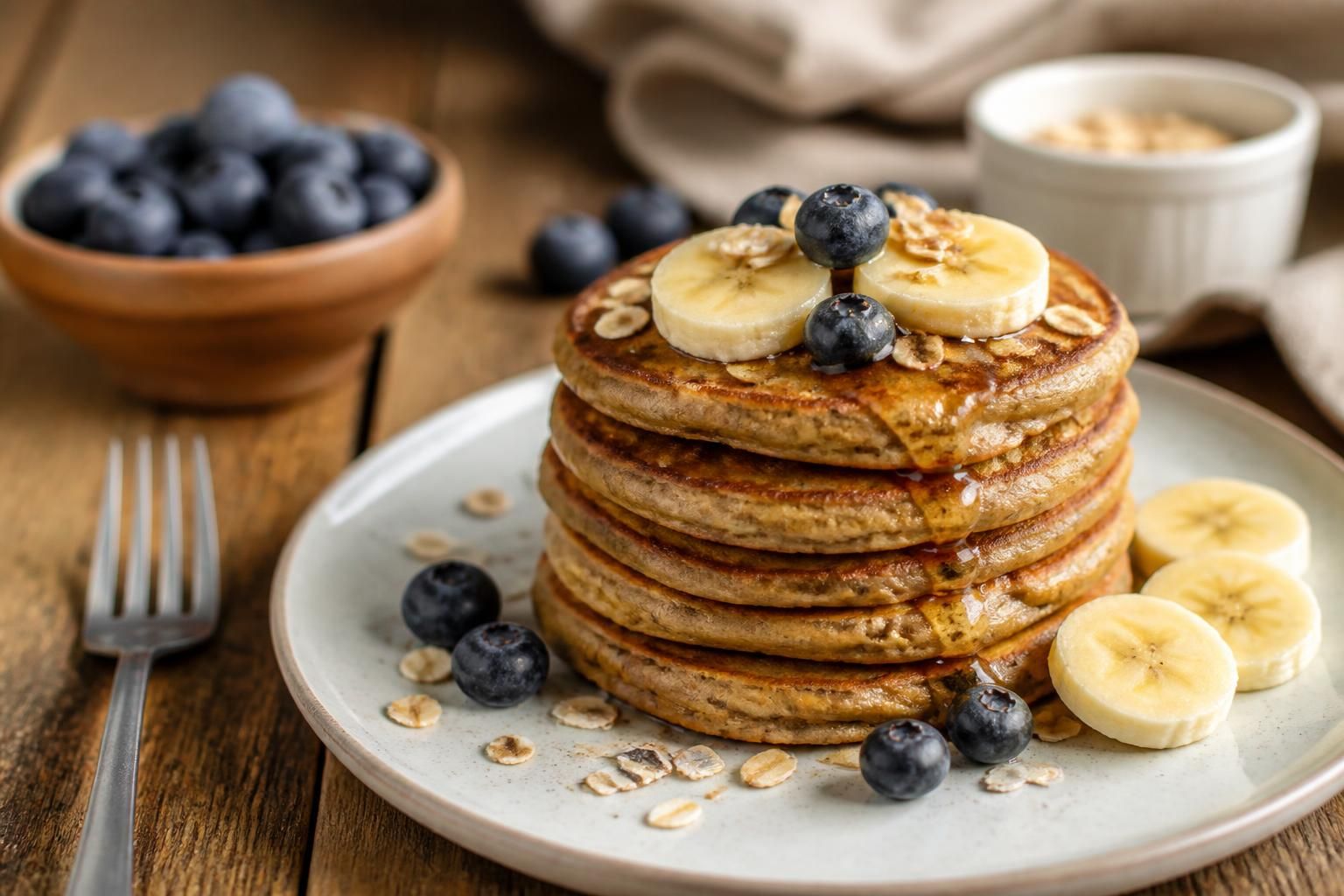 Pancakes aux flocons d'avoine healthy dorรฉs dans une poรชle antiadhรฉsive, garnis de fruits frais et d'un filet de sirop d'รฉrable, vus de dessus sur une table en bois clair