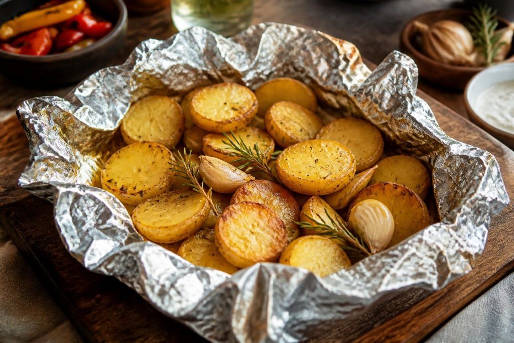 Pommes de terre au four en papillote d'aluminium, chair fondante et dorée, servies avec crème fraîche et ciboulette sur une planche en bois rustique