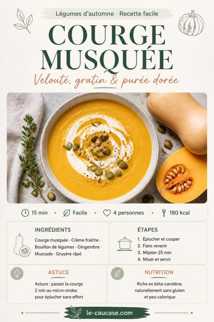 Velouté de courge musquée doré dans un bol en céramique, avec crème et graines de courge grillées