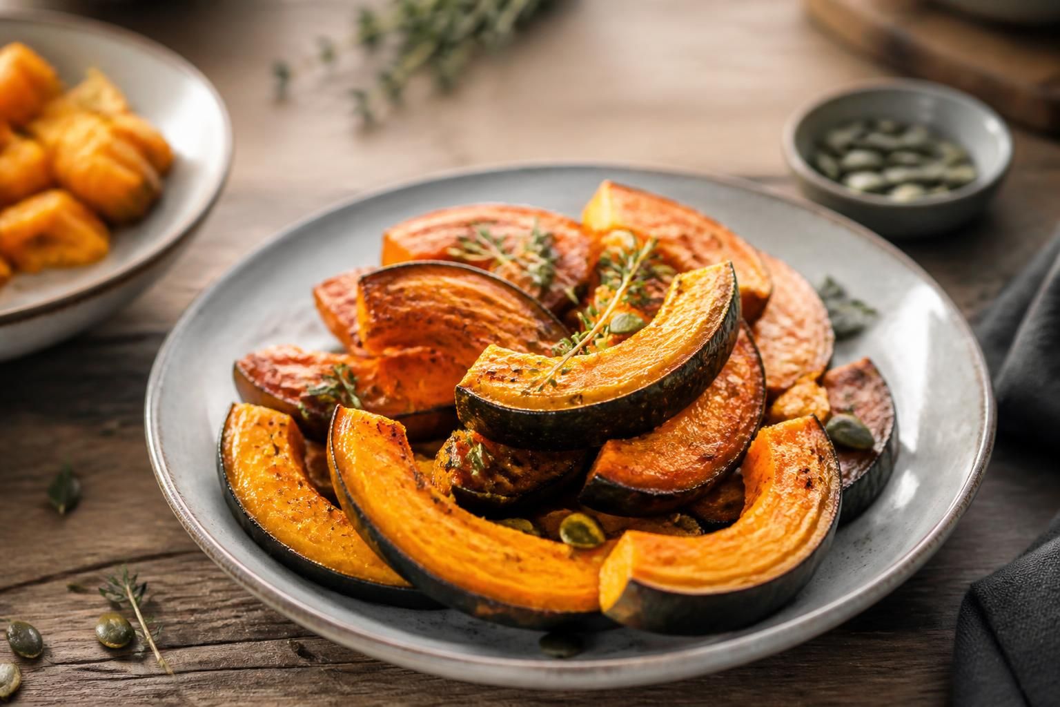 Velouté de courge musquée servi dans un bol en céramique blanche, garni de crème fraîche et de graines de courge grillées, sur une table en bois d'automne