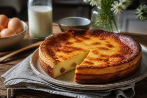 Far breton nature doré et moelleux dans un moule en céramique, coupé en part, sur une table en bois rustique