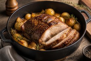 Rôti de porc en cocotte en fonte, entouré de carottes, d'oignons et d'herbes aromatiques, sur une table en bois rustique