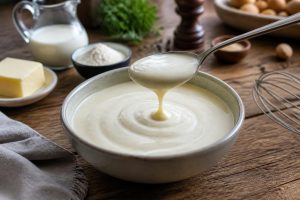 Sauce béchamel maison préparée au Thermomix, onctueuse et sans grumeaux, servie dans un bol en céramique blanche avec une cuillère en bois