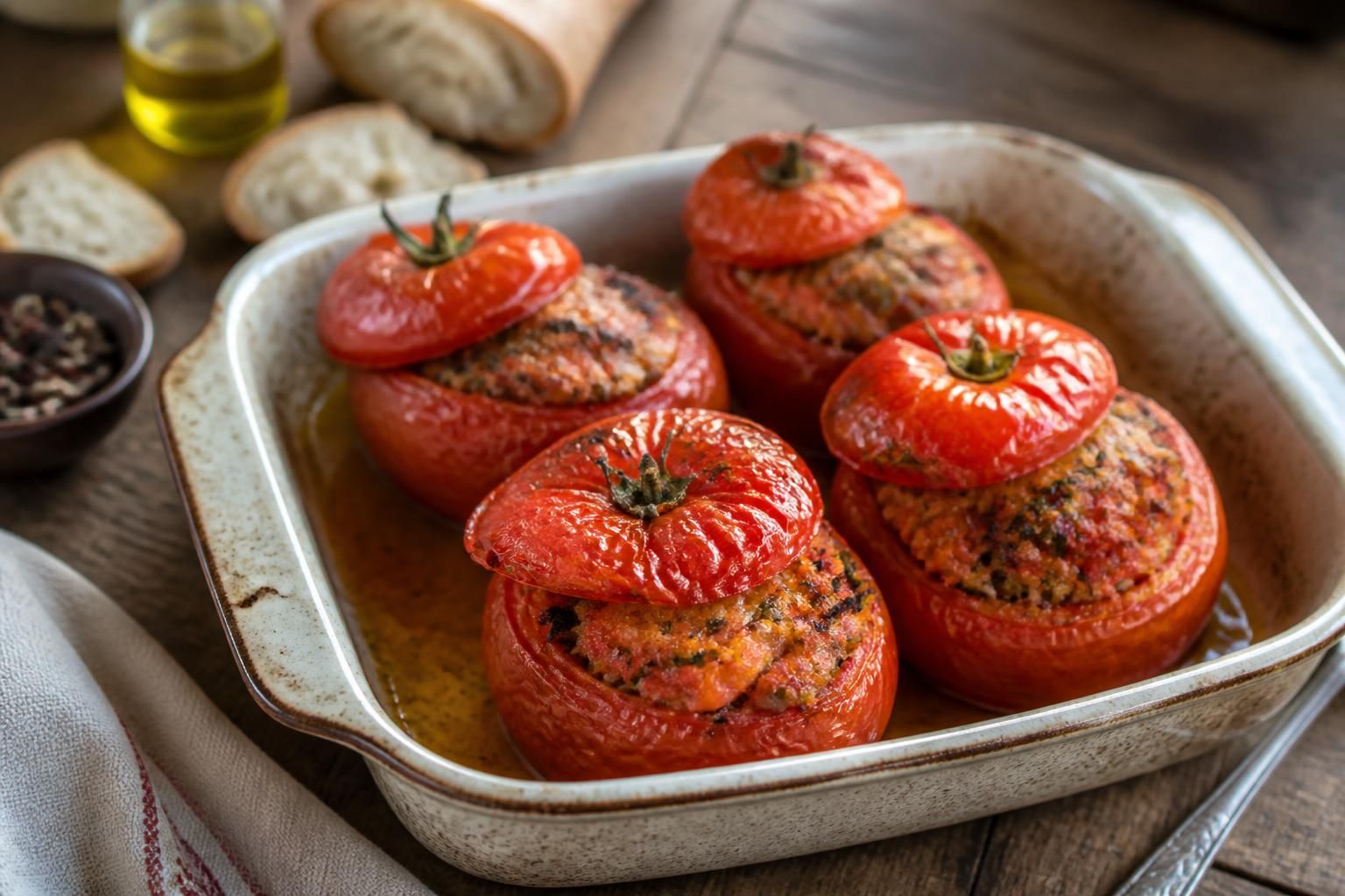 Tomates farcies maison dorées dans un plat à gratin, farce à la chair à saucisse et au persil, sortant du four