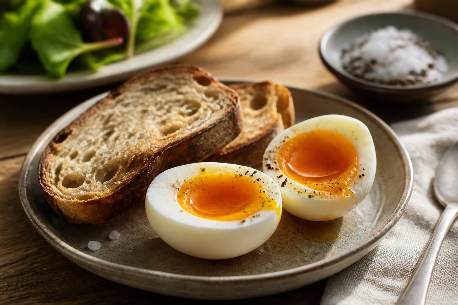 Œuf mollet coupé en deux sur une assiette blanche, jaune coulant bien visible, accompagné de mouillettes de pain grillé