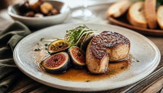Escalopes de foie gras poêlé dorées dans une poêle, servies avec des pommes caramélisées et une fleur de sel, présentation gastronomique sur assiette blanche