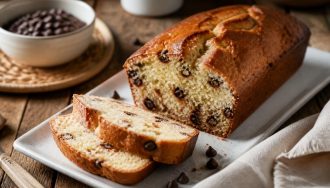 Gâteau au yaourt aux pépites de chocolat coupé en tranches, mie moelleuse et pépites fondues visibles, sur une planche en bois