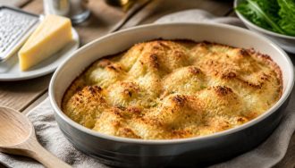 Gratin de chou-fleur sans béchamel doré au four, servi dans un plat à gratin en céramique avec une croûte gratinée parmesan et gruyère