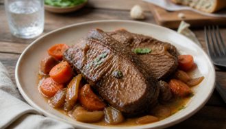 Paleron de bœuf fondant en cocotte-minute, servi avec carottes et sauce brune mijotée dans un plat en fonte
