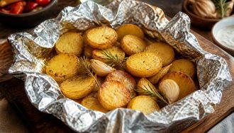 Pommes de terre au four en papillote d'aluminium, chair fondante et dorée, servies avec crème fraîche et ciboulette sur une planche en bois rustique
