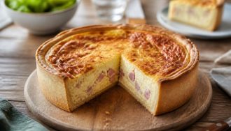 Quiche épaisse façon boulangerie, haute et dorée, coupée en part généreuse sur une planche en bois, appareil crémeux aux lardons fumés et gruyère râpé