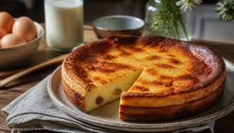 Far breton nature doré et moelleux dans un moule en céramique, coupé en part, sur une table en bois rustique