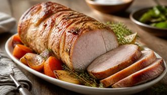 Rôti de porc au four moelleux servi dans un plat à rôtir, nappé de jus de cuisson doré, entouré d'échalotes et de brins de thym frais