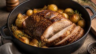 Rôti de porc en cocotte en fonte, entouré de carottes, d'oignons et d'herbes aromatiques, sur une table en bois rustique