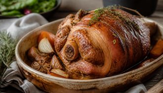 Rouelle de porc au four dorée et fondante, entourée de pommes de terre et d'oignons caramélisés dans un plat en céramique