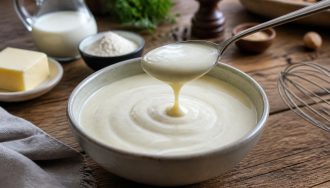 Sauce béchamel maison préparée au Thermomix, onctueuse et sans grumeaux, servie dans un bol en céramique blanche avec une cuillère en bois